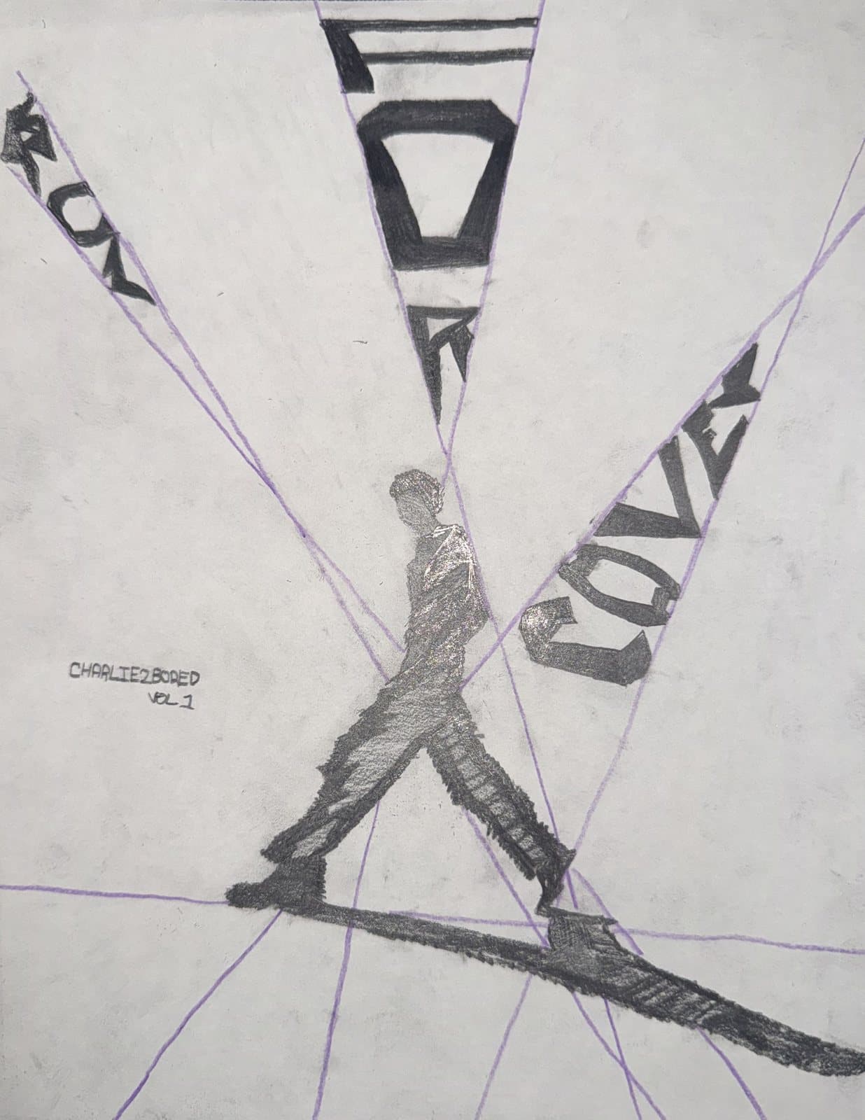 A figure mid-stride casting a long shadow, with the words RUN FOR COVER set into purple perspective rays that meet at him; signed CHARLIE2BORED Vol. 1.