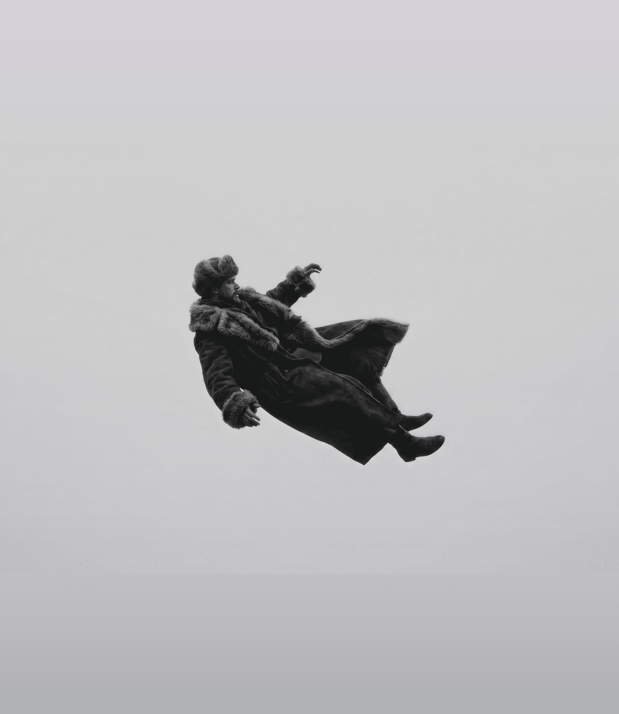 Figure in a fur coat suspended mid-air against a pale ground